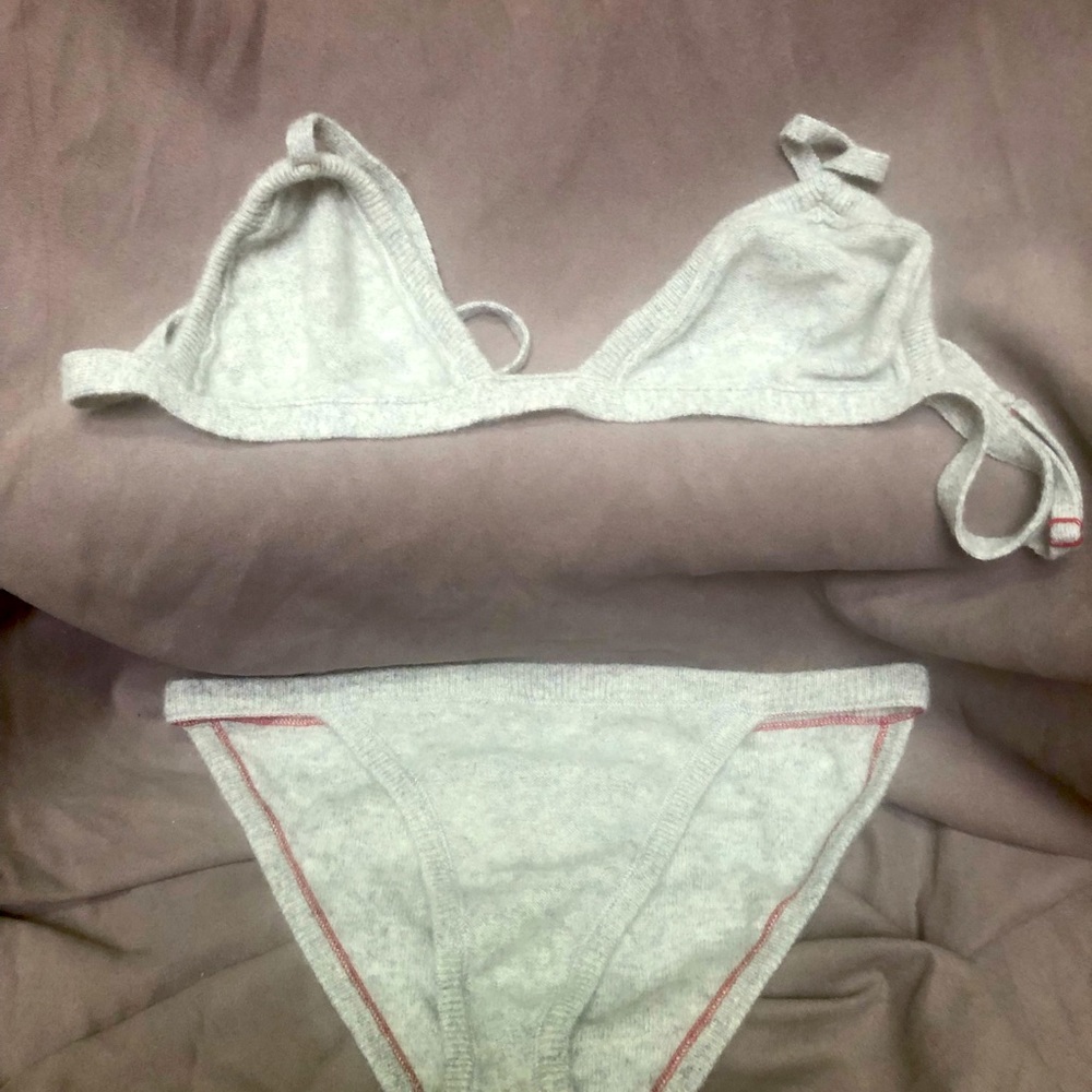 Size medium (Gap)-red bralette & pantie set in heathers grey cashmere.